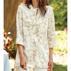 Soft Surroundings Roselyn Tunic Blouse Mandarin Collar Cream Tan Medium Top